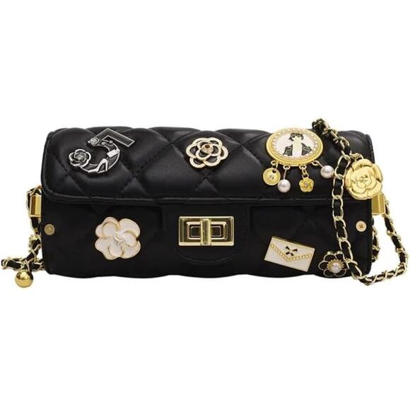 Black Lucky Charms Quilted Cylinder Shoulder Crossbody Bag - Picture 7 of 15